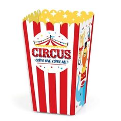 a red and white striped popcorn bag with the words circus come one, come all