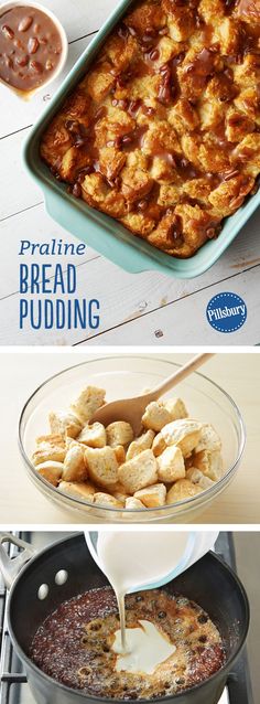 bread pudding being poured into a pan and then topped with marshmallows on the side