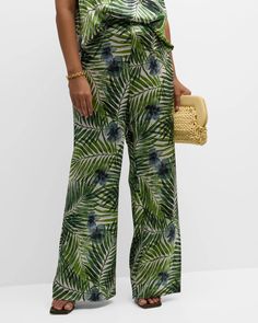 Fresh from the tropics, we've rendered the best selling Sofia pant in a lush palm print. Sophisticated and special, we're seeing these pants with everything from the palm print Gia Silk Top to a tank top and flip flops. Product Information: Stretch silk charmeuse—95% silk, 5% lycra. Flat waistband with invisible back zip. Dry clean and refresh with steam. Model wearing Royal, Leaf Green and Midnight is 5’7” and wearing size 14. Model wearing Bloom is 6'0" wearing size 14. Chic Printed Vacation Pants, Chic Printed Pants For Vacation, Green Printed Beach Pants, Printed Pants For Beach Vacation, Green Tropical Print Pants For Vacation, Green Printed Pants For Vacation, Printed Green Pants For Vacation, Vacation Beach Season Printed Pants, Tropical Printed Summer Pants