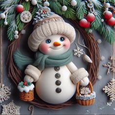 a snowman figurine sitting on top of a wreath