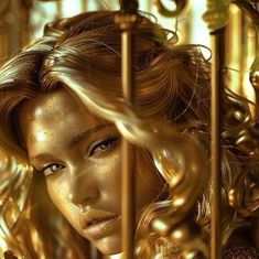 a close up of a woman's face with gold paint on her body and hair