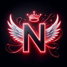 the letter n with angel wings and a crown on it's head is illuminated in red