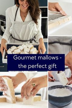 a woman in white shirt preparing food on top of a counter next to other pictures