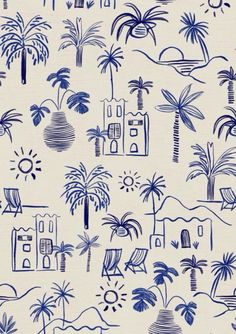 a blue and white wallpaper with palm trees