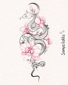 a tattoo design with flowers and a snake on it