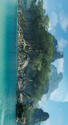 the reflection of trees in the water is very clear and blue as if it were floating on land