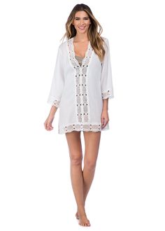 This lightweight cotton swimwear tunic by La Blanca features a crochet center panel in front to peep your swimsuit just beneath. Crochet trim along the neckline, cuffs and hem of this cover-up add a hint effortless elegance. [split] Details Swimwear cover up V neck tunic Crochet trim Long sleeves Fabric 100% Cotton (Crinkle voile) Cotton Swimwear, Goddess Twist, Swimsuit Coverups, Plus Size Swimsuit, Bandeau Tankini, Waist Sash, Halter Tankini, Blue Island, Plus Size Swimsuits