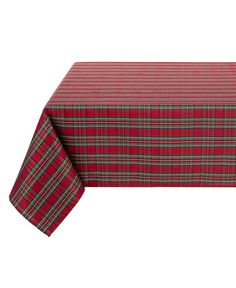 a red and green plaid tablecloth on a white background