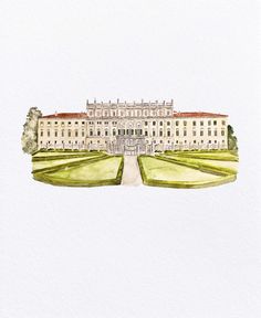 a watercolor painting of a large building with trees in the foreground and grass on the other side