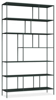 a black metal shelf with four shelves on each side and three different sections in the middle