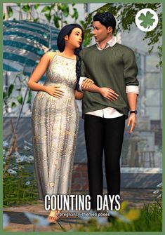 a man and woman standing next to each other in front of a green background with the words counting days on it