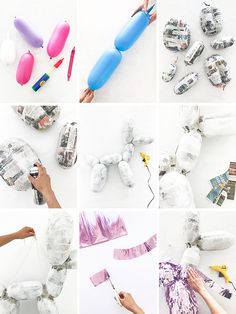 several pictures of different objects made out of newspaper strips and duct tape, including balloons