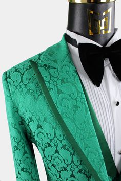 Green Tuxedo With Suit Collar For Wedding, Fitted Festive Formal Three-piece Suit, Green Tuxedo Style Three-piece Suit For Wedding, Fitted Three-piece Suit For Formal Festive Occasions, Elegant Green Evening Blazer, Green Fitted Elegant Sets, Elegant Fitted Brocade Blazer, Green Evening Suits With Notch Lapel, Elegant Brocade Tuxedo For Wedding