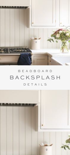 two photos of the backsplash in a kitchen with white cupboards and drawers