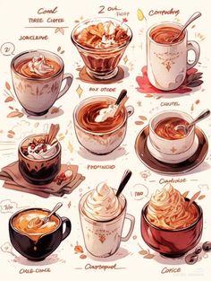 a drawing of different types of hot chocolate