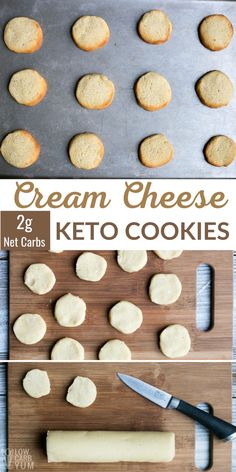 the process to make cream cheese keto cookies is shown with cookie cutters and cutting board