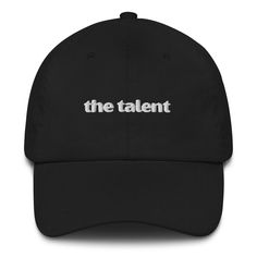 "The Talent Baseball Cap - On Set Film Crew Caps  Unisex * 100% chino cotton twill * Unstructured, 6-panel, low-profile * 6 embroidered eyelets * 3 ⅛\" (7.6 cm) crown * Adjustable strap with antique buckle * Blank product sourced from Vietnam or Bangladesh This product is made especially for you as soon as you place an order, which is why it takes us a bit longer to deliver it to you. Making products on demand instead of in bulk helps reduce overproduction, so thank you for making thoughtful pur Cotton Six-panel Baseball Cap For Streetwear, Cheap Hip Hop 5-panel Baseball Cap, Cotton 5-panel Baseball Cap One Size, Custom Logo Black Baseball Cap, One Size, Film Crew, On Set, Trucker Cap, Baseball Cap, Cotton Twill