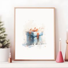 a watercolor painting of two wrapped presents on a shelf next to candles and a christmas tree