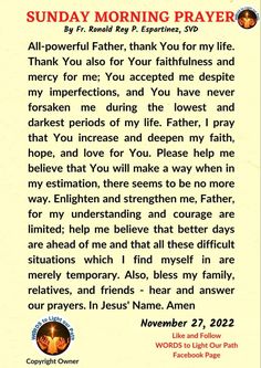 a prayer card with the words sunday morning prayer