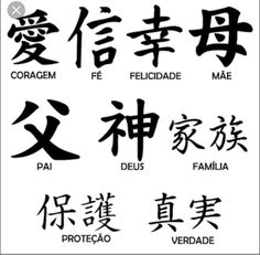 some chinese characters with the words written in english and japanese letters, all on one side