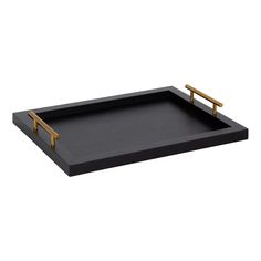 a black tray with gold handles and two handles on the bottom, in front of a white background