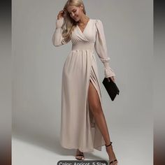 Brand New Beige Long Sleeve Maxi Dress For Brunch, Casual Beige Maxi Dress For Evening, Casual Beige Maxi Dress For Night Out, Beige Maxi Dress For Date Night In Fall, Fall Date Night Beige Maxi Dress, Elegant Cream V-neck Maxi Dress, Cream V-neck Maxi Dress For Daywear, Flowy Cream Maxi Dress With V-neck, Cream Bohemian V-neck Maxi Dress