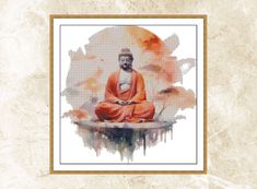 a watercolor painting of a buddha sitting in front of an orange and white background