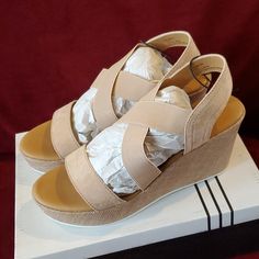 New With Tags Beige Platform Wedge Sandals Medium Width, Beige Synthetic Wedge Sandals With Heel Strap, Beige Medium Width Wedge Sandals, Black Platform Wedges, Blue Espadrilles, Fly London Shoes, Strappy Leather Sandals, Platform Wedge Heels, Sandal Platform