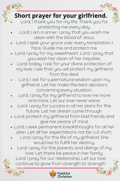 a prayer card with the words, short prayer for your girlfriend