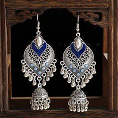 retro exotic drops of love Nepal birdcage bell pendant earrings Blue Bohemian Jewelry With Dangling Charms, Blue Alloy Earrings For Gift, Blue Alloy Dangle Jewelry, Blue Dangle Jewelry In Alloy, Blue Dangle Earrings Made Of Alloy, Blue Dangle Jewelry Made Of Alloy, Bohemian Blue Danglers, Blue Drop Earrings With Dangling Charms, Vintage Blue Dangle Earrings