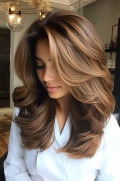 Long Layers With Volume, Voluminous Mid Length Hair, Voluminous Haircut Medium, Brownish Hair Color, Voluminous Hair Cuts, Layered Blowout, Cascading Layers, Hair Cuts Medium, Brown Hair Looks