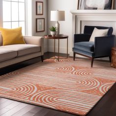 a living room with two chairs and a rug