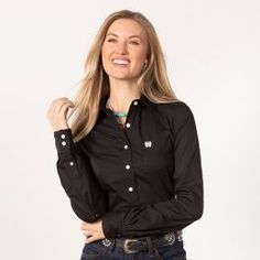 Cinch Solid Black Button Up Blouse Womens Western Tops, Rodeo Shirts, Rodeo Outfits, Western Tops, Western Women, Blouse Long Sleeve, Button Up Blouse, Relaxed Fit Jeans, Black Button