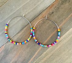 Large Seed Bead Hoop Earrings Multicolored Seed Bead Hoops - Etsy Seed Bead Hoop Earrings, Bead Hoop Earrings, Beaded Jewelry Earrings, Wire Hoop Earrings, Early Christmas Shopping, Rainbow Earrings, Beaded Hoop Earrings, Stainless Steel Wire, Beaded Hoops