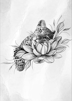 a black and white drawing of a leopard resting on a flower