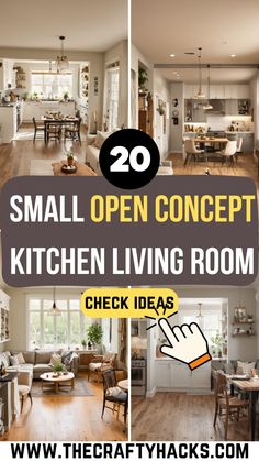 small open concept kitchen living room with text overlay that reads 20 small open concept kitchen living room