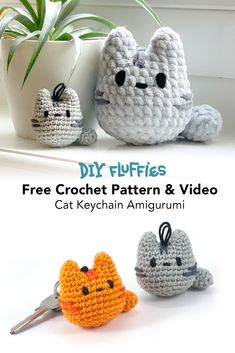 three crocheted stuffed animals sitting next to each other with the text free crochet pattern and video