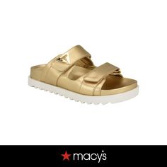 in stock Comfortable Gold Synthetic Sandals, Gold Synthetic Slides For Beach, Casual Gold Round Toe Sandals, Casual Gold Slides For Vacation, Gold Synthetic Slides With Removable Insole, Gold Synthetic Slides With Cushioned Footbed, Gold Synthetic Slides For Vacation, Gold Round Toe Slides For Spring, Comfortable Gold Sandals For Summer