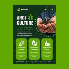 a flyer for an organic business with hands holding a seedling plant and the words argi - culture is our business