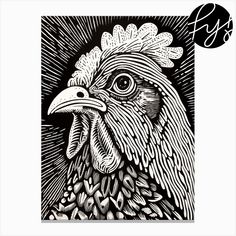 a black and white drawing of a rooster