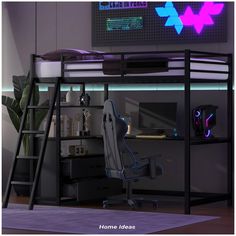 a loft bed with a desk and chair in front of it, next to a ladder