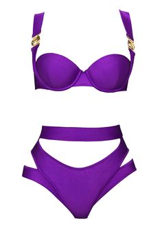 The ANNYTA TOP is the perfect underwire swimsuit for a comfortable, supported fit. It's molded cups, thick shoulder straps and sheen finish provide superior comfort while the signature gold emblem adds a touch of elegance. Fully lined for extra coverage and enhanced durability, this bra will quickly become a closet staple. ACCESSORIES ARE NOT INCLUDED Product Description: Color: Purple Top: Underwire bra with molded cups Signature gold emblem Thick shoulder straps Sheen finish Fully lined Luxury Fitted Swimwear For Swimming, Luxury Gold Swimwear For Party, Elegant Swimwear With Removable Bra Pads For Pool, Luxury Gold Swimwear For Summer, Elegant Underwire Swimwear With Padded Cups, Luxury Fitted Swimwear For Pool, Elegant Party Swimwear With Padded Cups, Elegant Padded Swimwear For Pool, Elegant Solid Swimwear With Removable Bra Pads