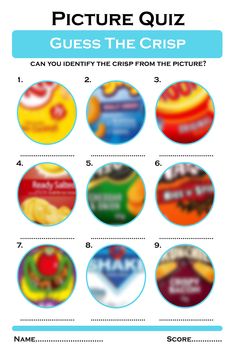 a poster with different pictures on it and the words guess the crisp in each circle