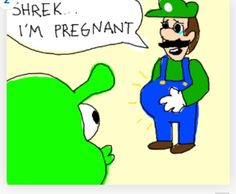 an image of a cartoon character saying shrk i'm pregnant