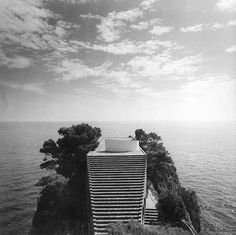 an aerial view of a building on the edge of a body of water with trees growing out of it