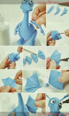 instructions for how to make an origami blue dragon with eyes and tail,