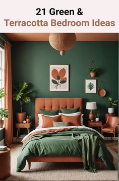 green and terracotta bedroom ideas with text overlay that reads, 21 green & terracotta bedroom ideas