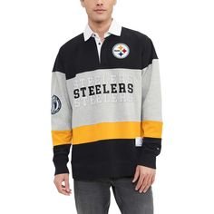 The Men's Tommy Hilfiger Black Pittsburgh Steelers Connor Oversized Rugby Long Sleeve Polo is a stylish and comfortable choice for any Steelers fan. Embroidered fabric appliques and graphics proudly display your team spirit. The three-button placket, elastic cuffs, and hem ensure a secure and comfortable fit. Made from durable cotton jersey, this polo is perfect for showing your support for the Pittsburgh Steelers both on and off the field. Steelers Gear, Polo Design, Steelers Fan, Nfl Gear, Under Pants, Embroidered Fabric, Long Sleeve Polo Shirt, Black Friday Shopping, Tommy Hilfiger Man