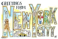 a drawing of new york city with the words greetings from new york