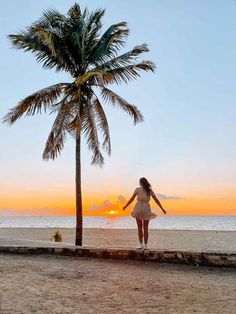 a woman is walking on the beach with her arms outstretched and palm tree in the foreground